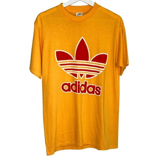 Vintage 80s Adidas Trefoil Short Sleeve Olympics Graphic T-Shirt Yellow Men's L - Picture 1 of 7